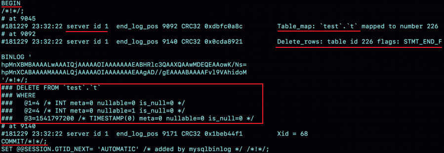 图 6 row 格式 binlog 示例的详细信息